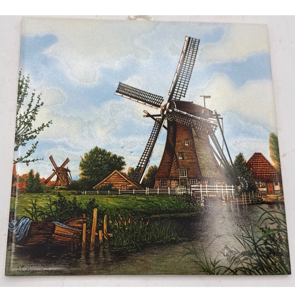 Vintage Ter Steege BV Holland Decorative Wall Tile Hand Decorated Windmill Scene